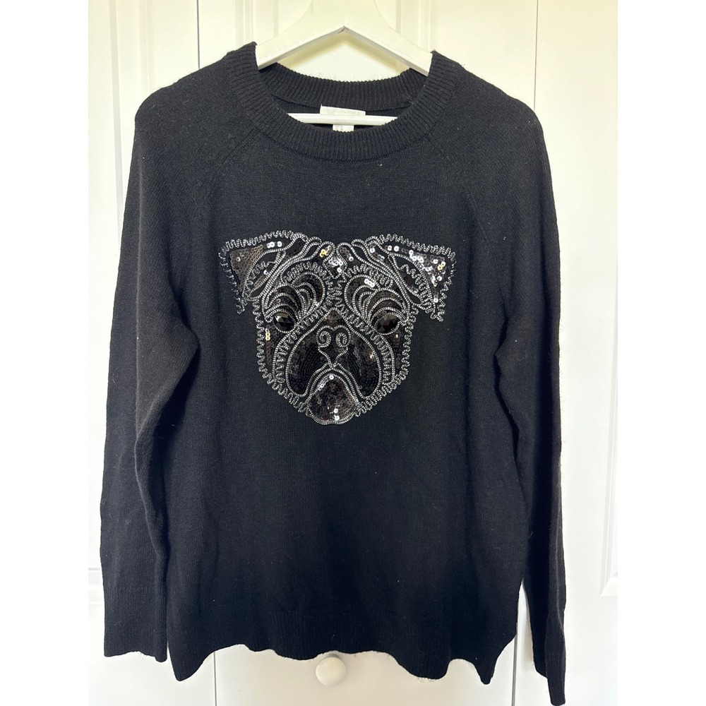 Womens Black Alpaca Blend Sequin Pug Dog Embellished Sweater Size Medium